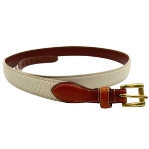 Western Style Cowboy Belt Mens 38 White Leather Belt Brass Buckle Brown Trimmed‎